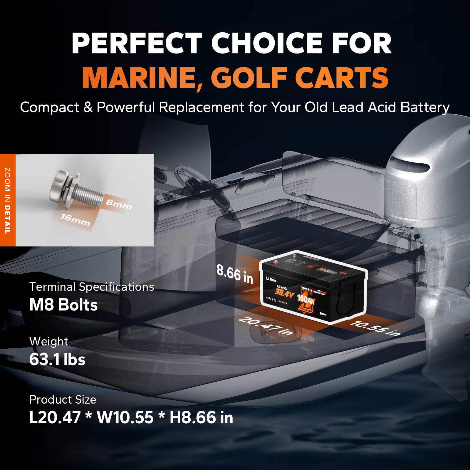 LiTime 36V 100Ah OBM LiFePO4 Lithium Battery For 36V/72V Electric Outboard Motor