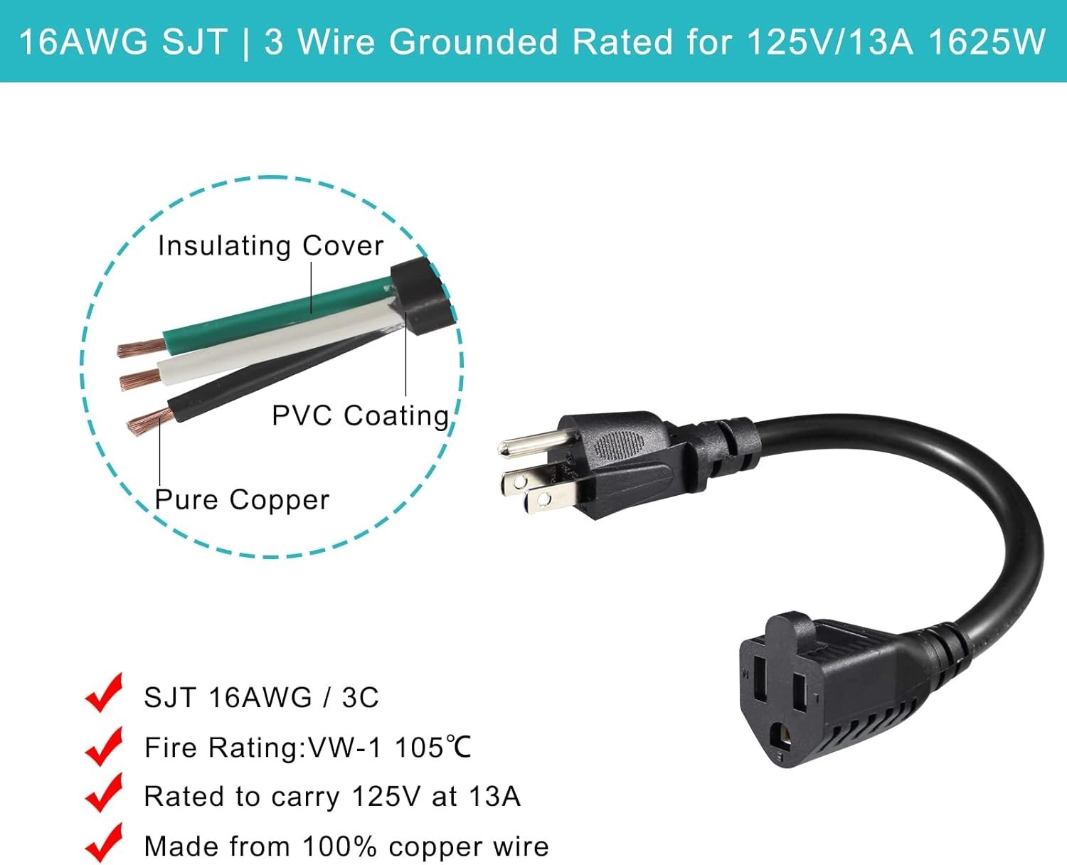 1 Pack 6inch Short Power Extension Cord Black 3 Prong Mini Indoor Grounded Ext