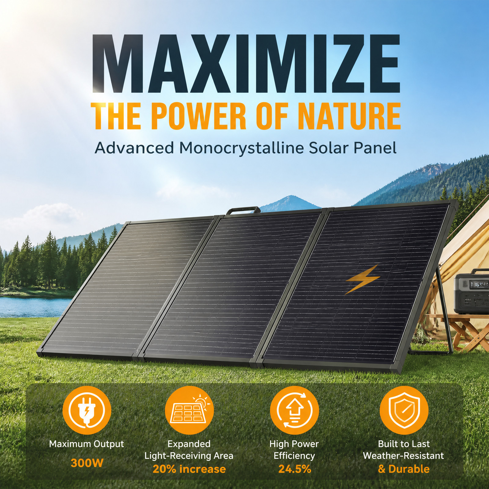 300W Foldable Solar Panel 4-in-1 Adapter XT60 DC for Portable Power Station RV