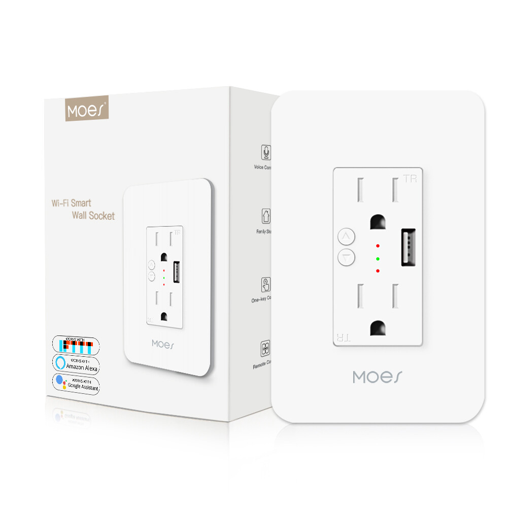 MOES WiFi Smart Outlet Wall Socket Divided Control 2 Plug 1 USB 15A Alexa Google