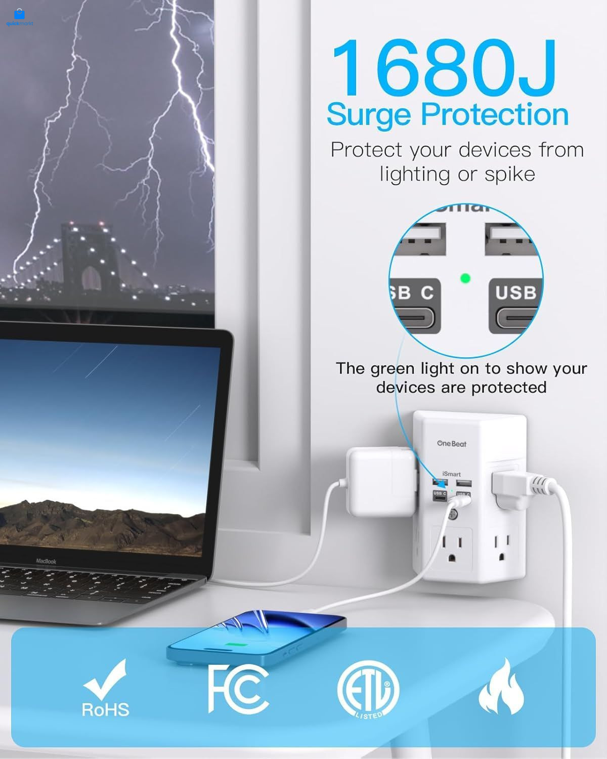 One Beat 1680J 3 Side Power Strip Multi Plug 15.5W,1Pack,None, White