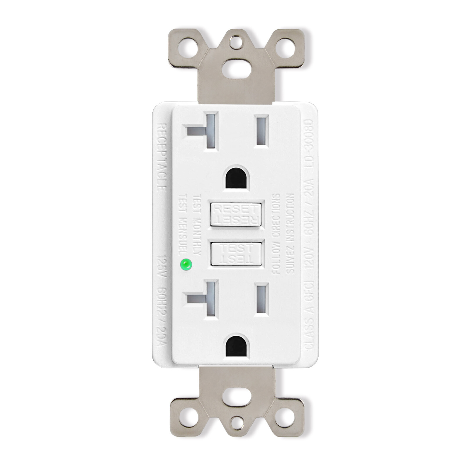 20AMP GFCI Outlet w/ LED Indicator & Wallplate White Non-TR Residential Grade US