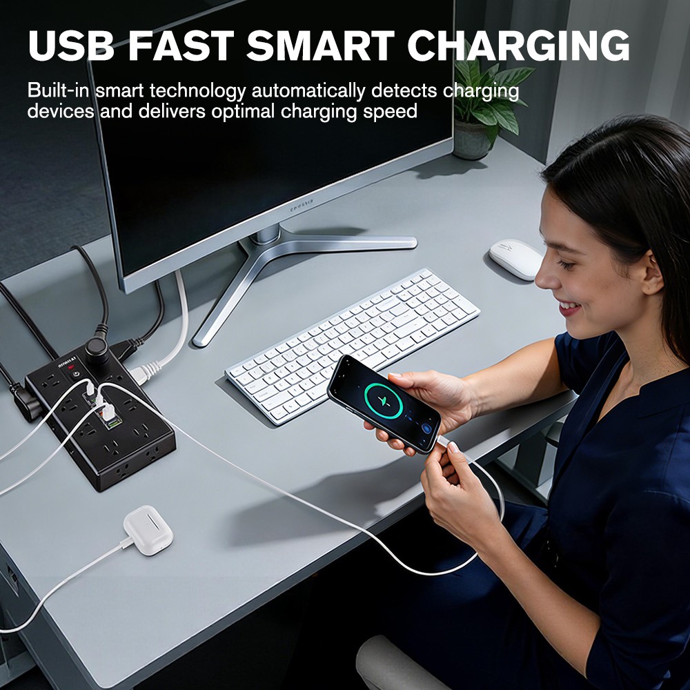 16 Outlets Power Strip USB C Type C Charger Surge Protector Flat Plug 6.5ft