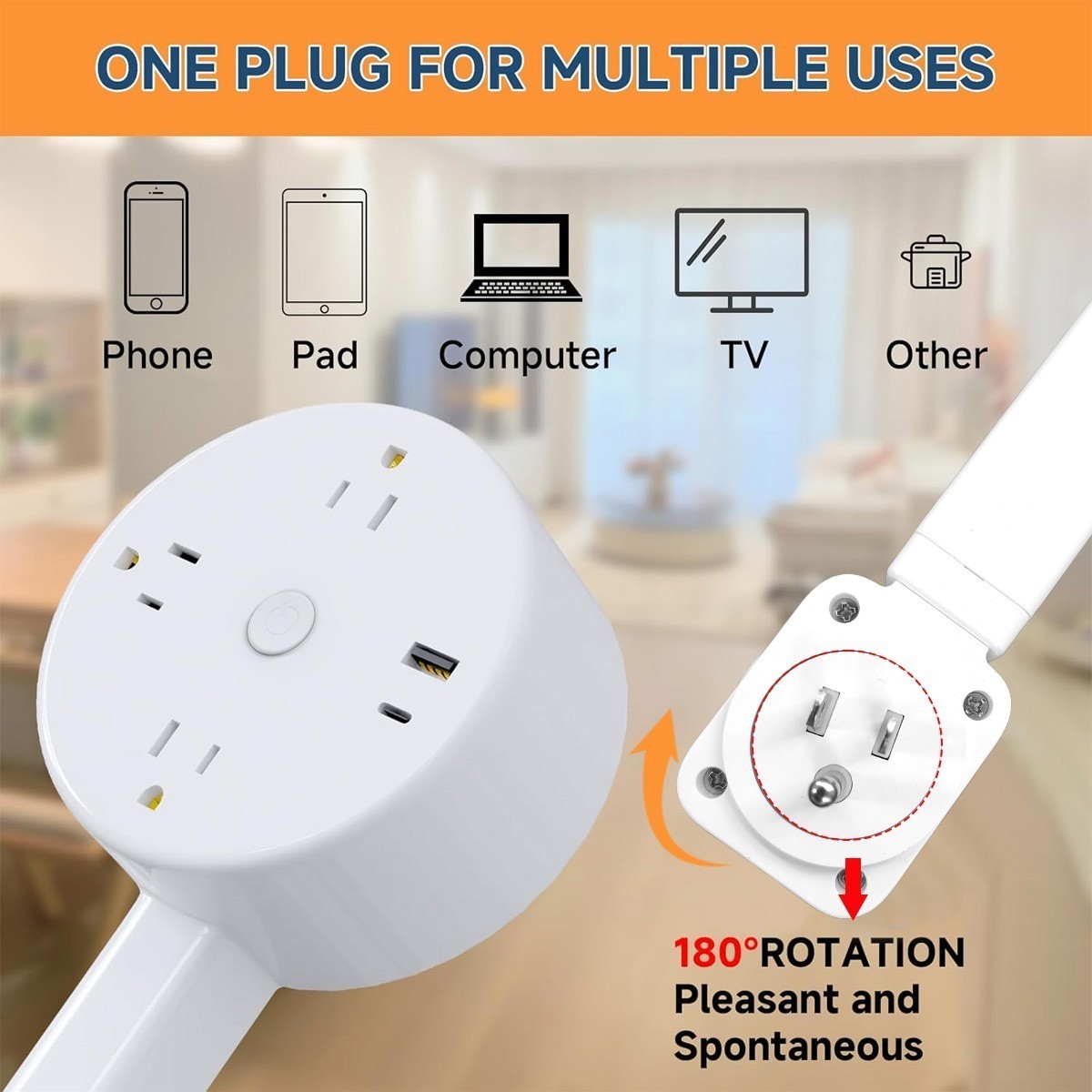 Round Electrical Outlet Expander Power Socket Rotating Extender Nightstands Desk