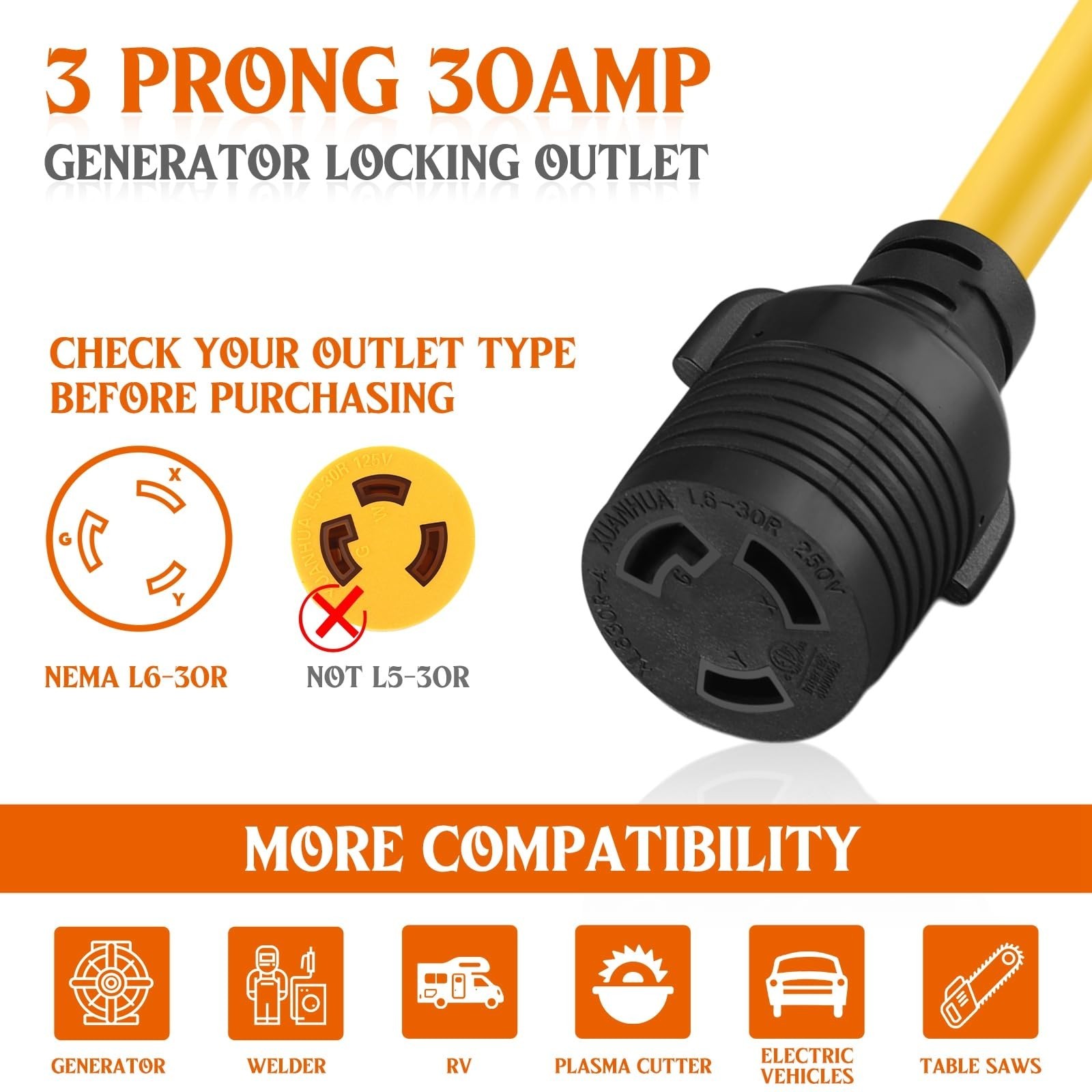 Tellegloww NEMA L6-30 Generator Extension Cord 30A 250V 7500W 25ft