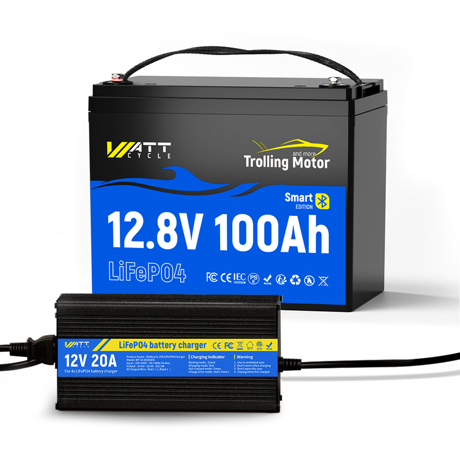Wattcycle 12V 100Ah Trolling Motor Lithium Battery + 20A Aluminum Shell Charger