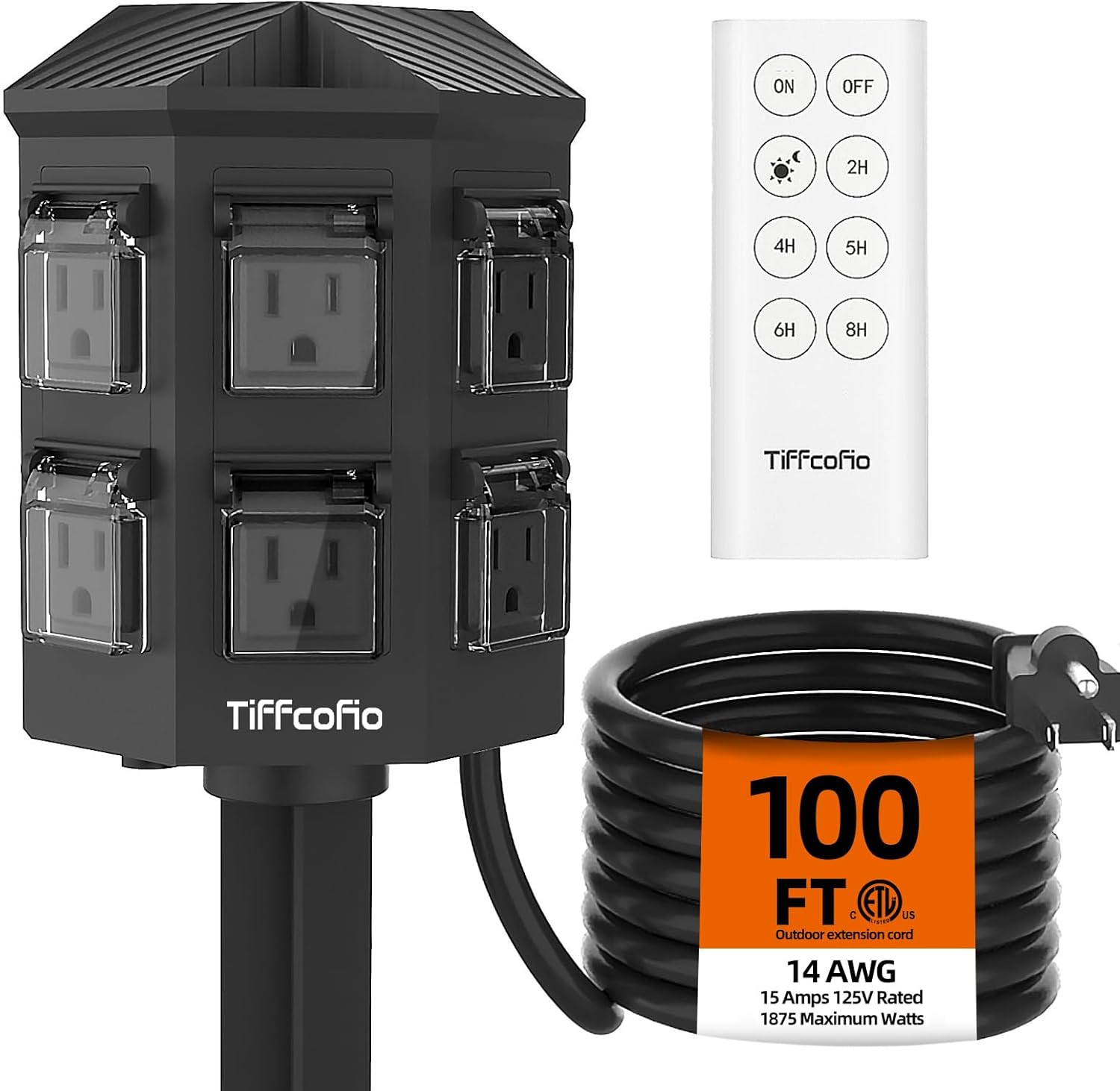 Outdoor Power Strip with 100FT Extension Cord, 100FT Remote Control, Dusk to Daw