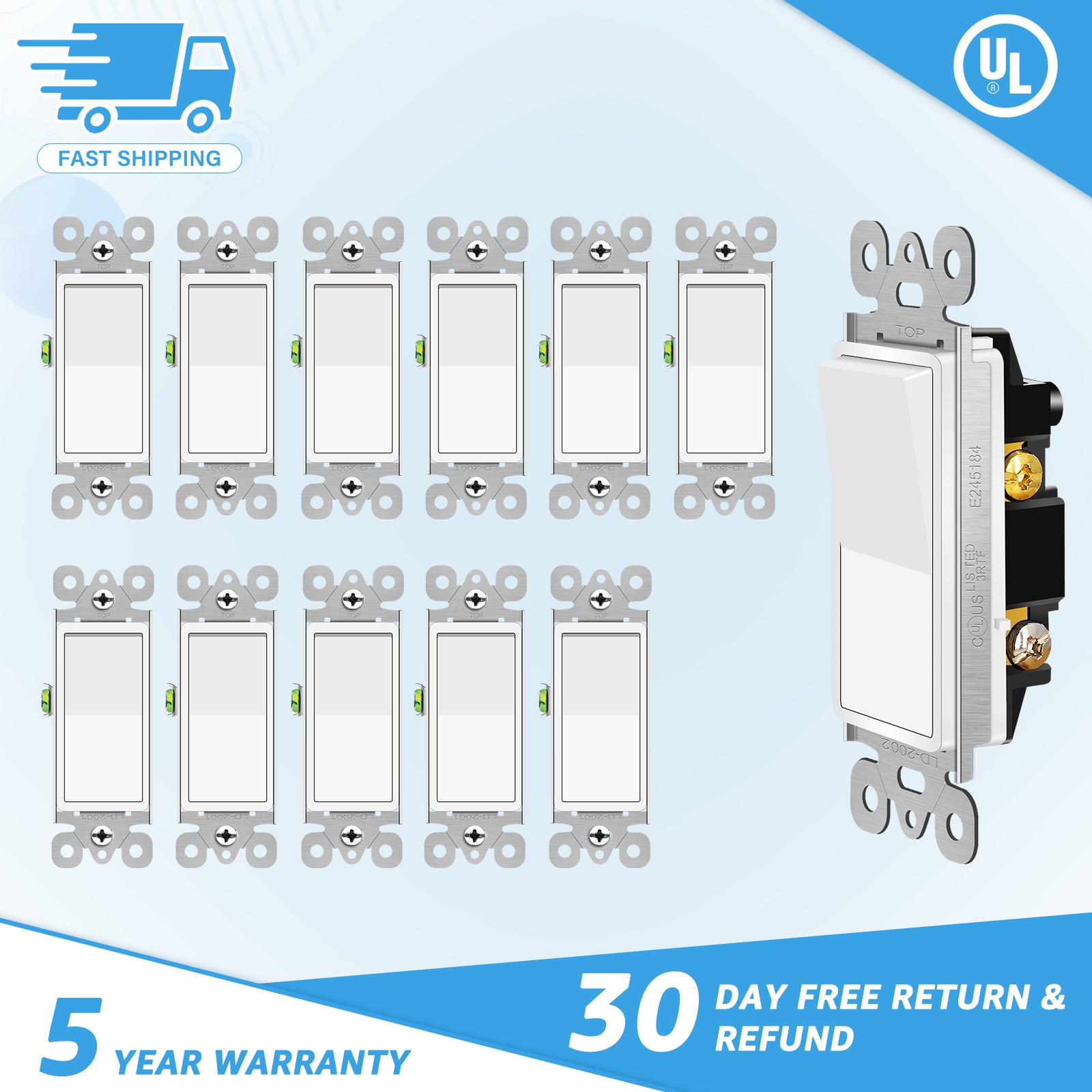 12PCS White Decorator 3 Way Switch 15A 120/277V UL/CUL Rocker Switch for Home