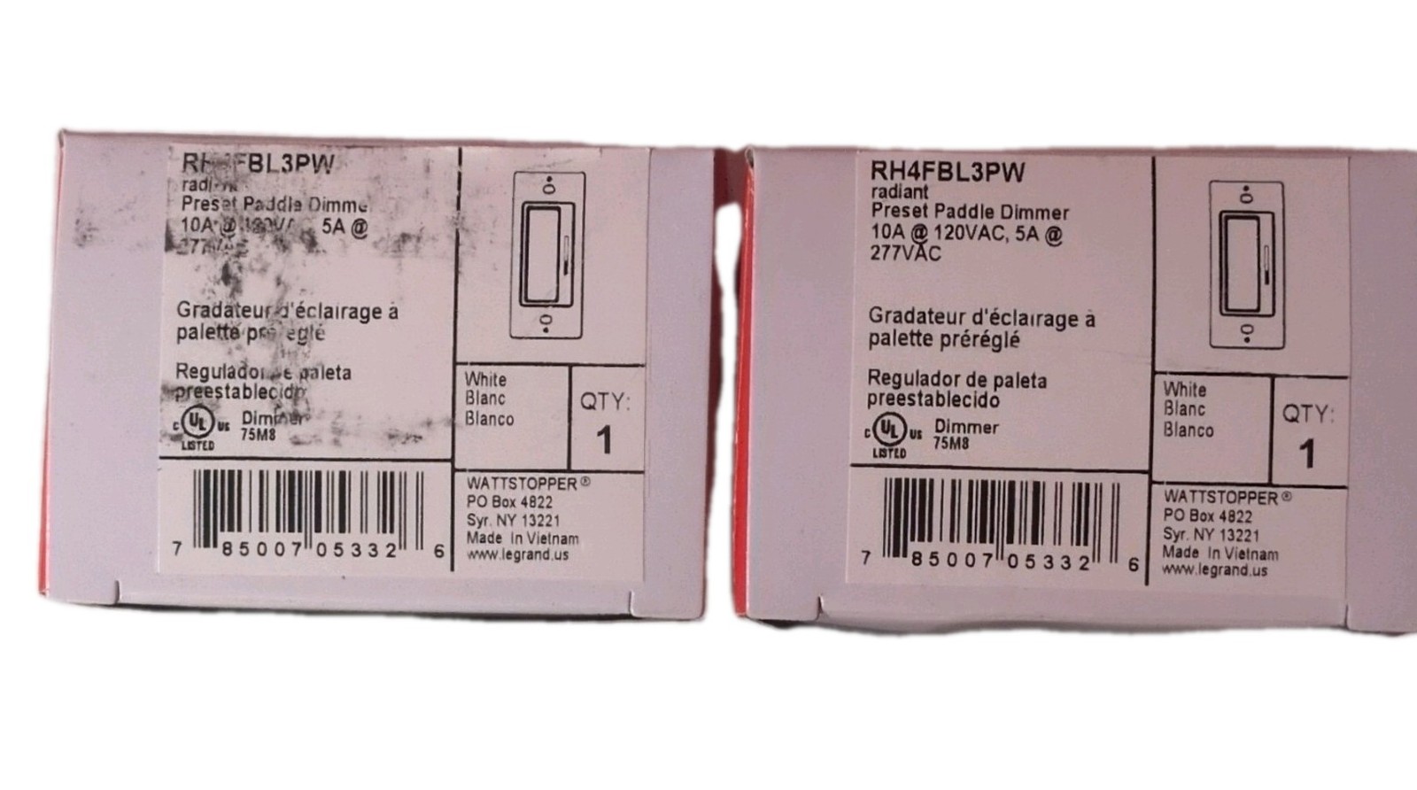 Lot of 2 Legrand Wattstopper RH4FBL3PW Radiant Preset Paddle Dimmer White