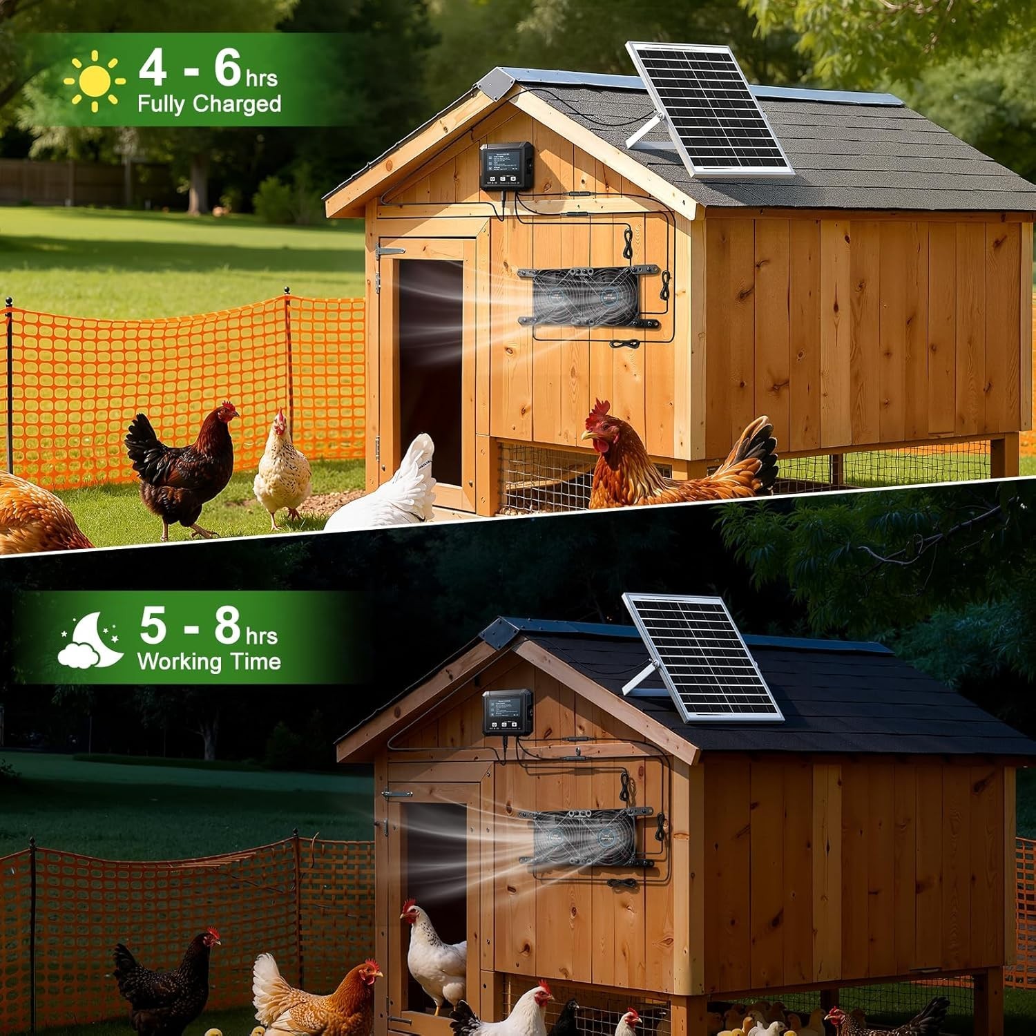 Solar-Powered Chicken Coop Exhaust Fan with Battery & Smart Sensing – 25W Solar
