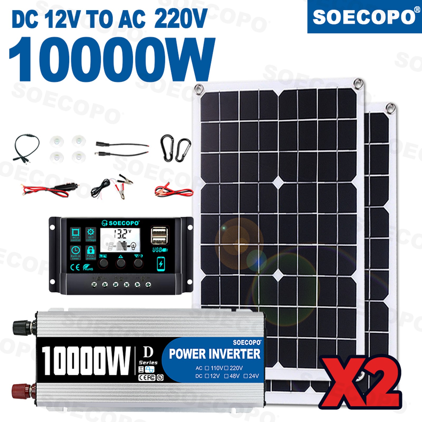 10000W Solar Power Kit 12V-110V/220V + 2pcs Solar Panels + 100A Controller3K