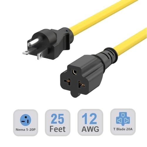 25 Ft 12AWG 20A 125V Extension Cord with 4-in-1 Outlet Adapter
