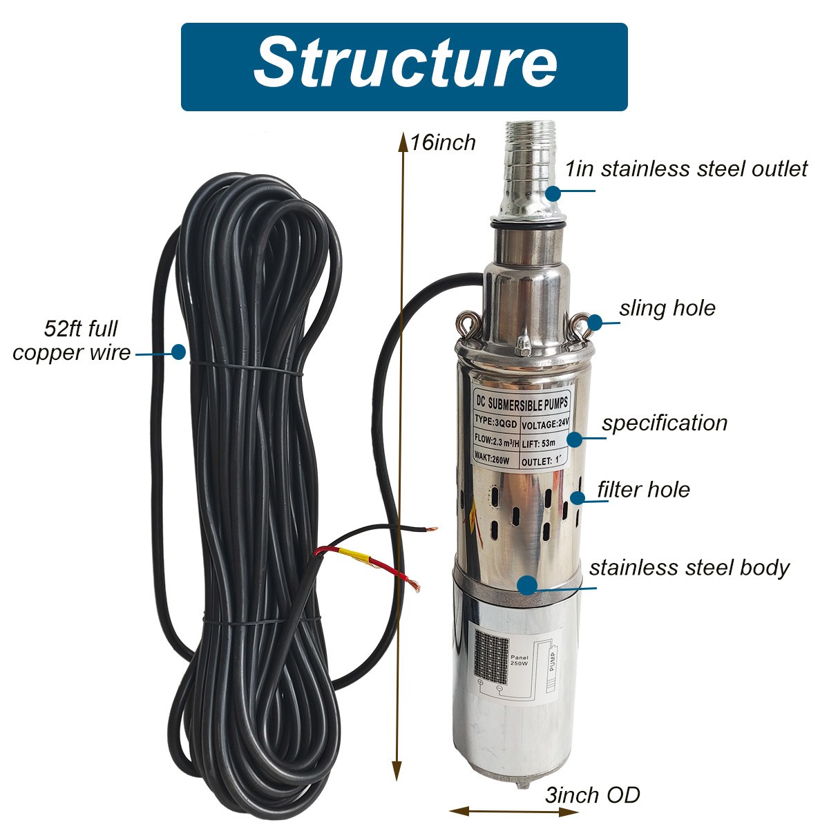 3” 24V Solar Deep Well Pump Water Pump 1200L/H Stainless Steel Submersible