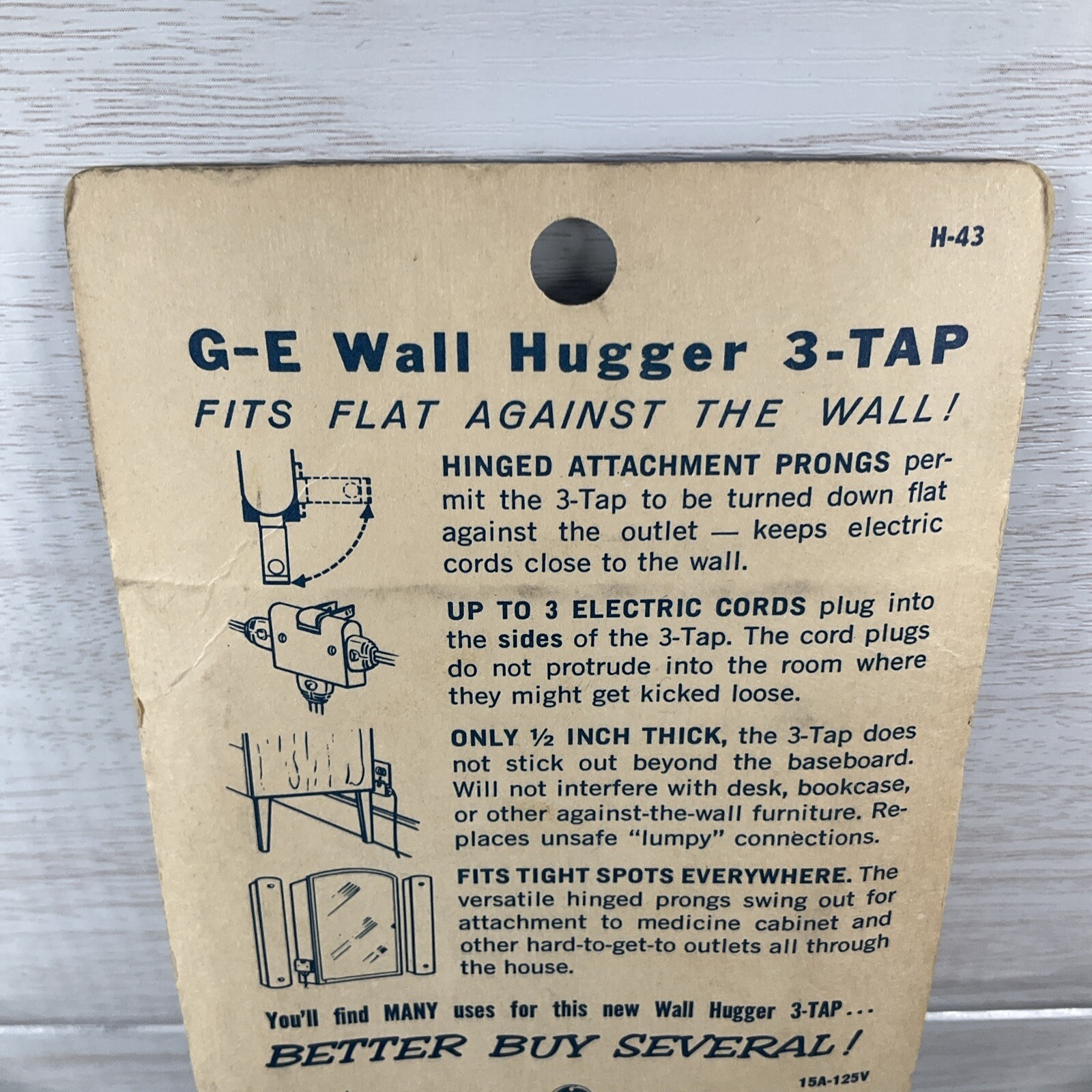 GE Wall Hugger Tap 3 Plug-in Outlets 15A 125V 4E – GE1734-11D NOS