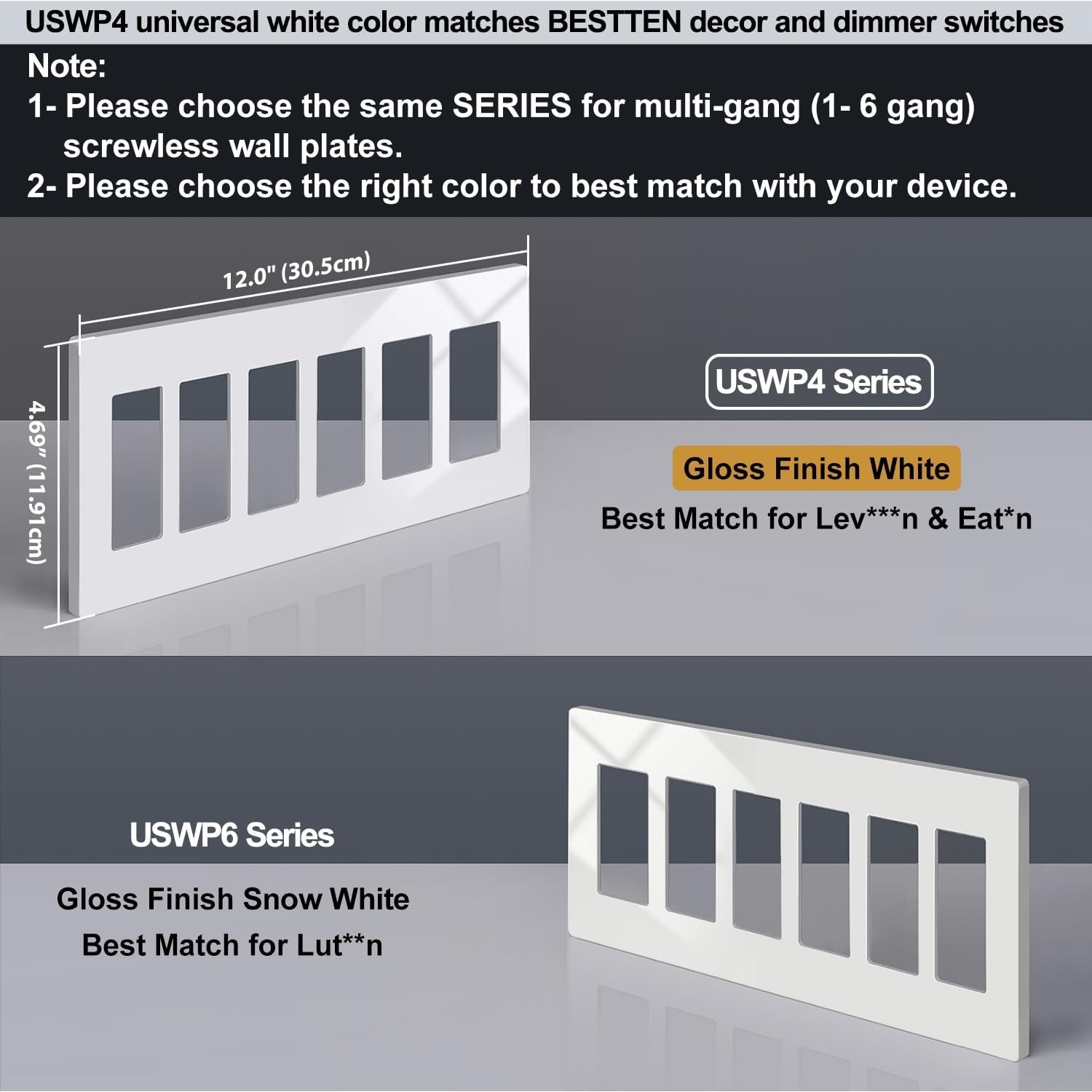 6-Gang Glossy Off White Screwless Wall Plate for Light Switch Dimmer GFCI USB