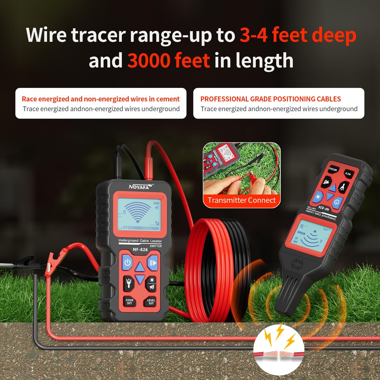 NOYAFA NF-826 Underground Cable Locator Wire Tracker, for Dog Fence Black