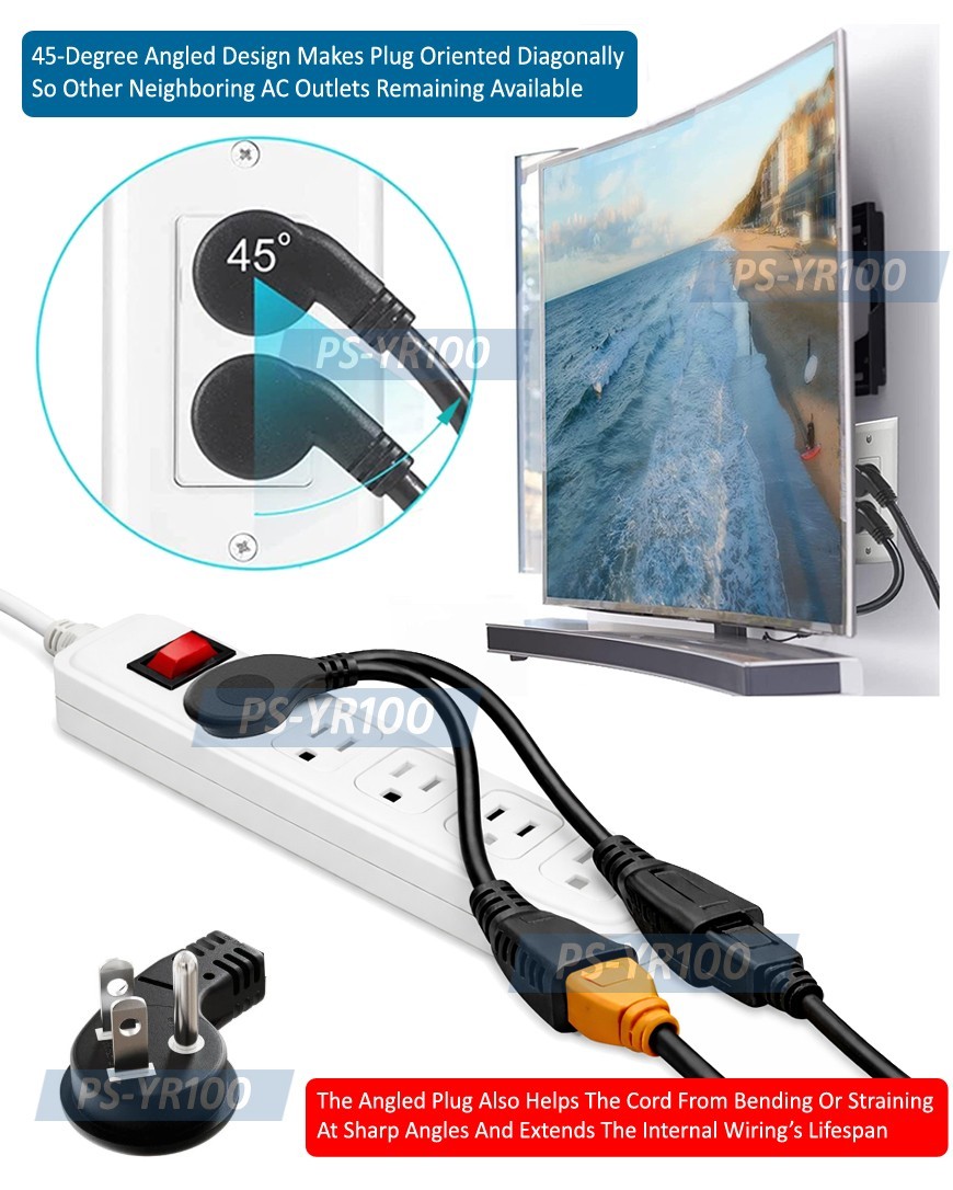 1 In 2 Out AC Power Outlet Splitter Cord Slim Angled Plug 14″ Long 13A 125V Max