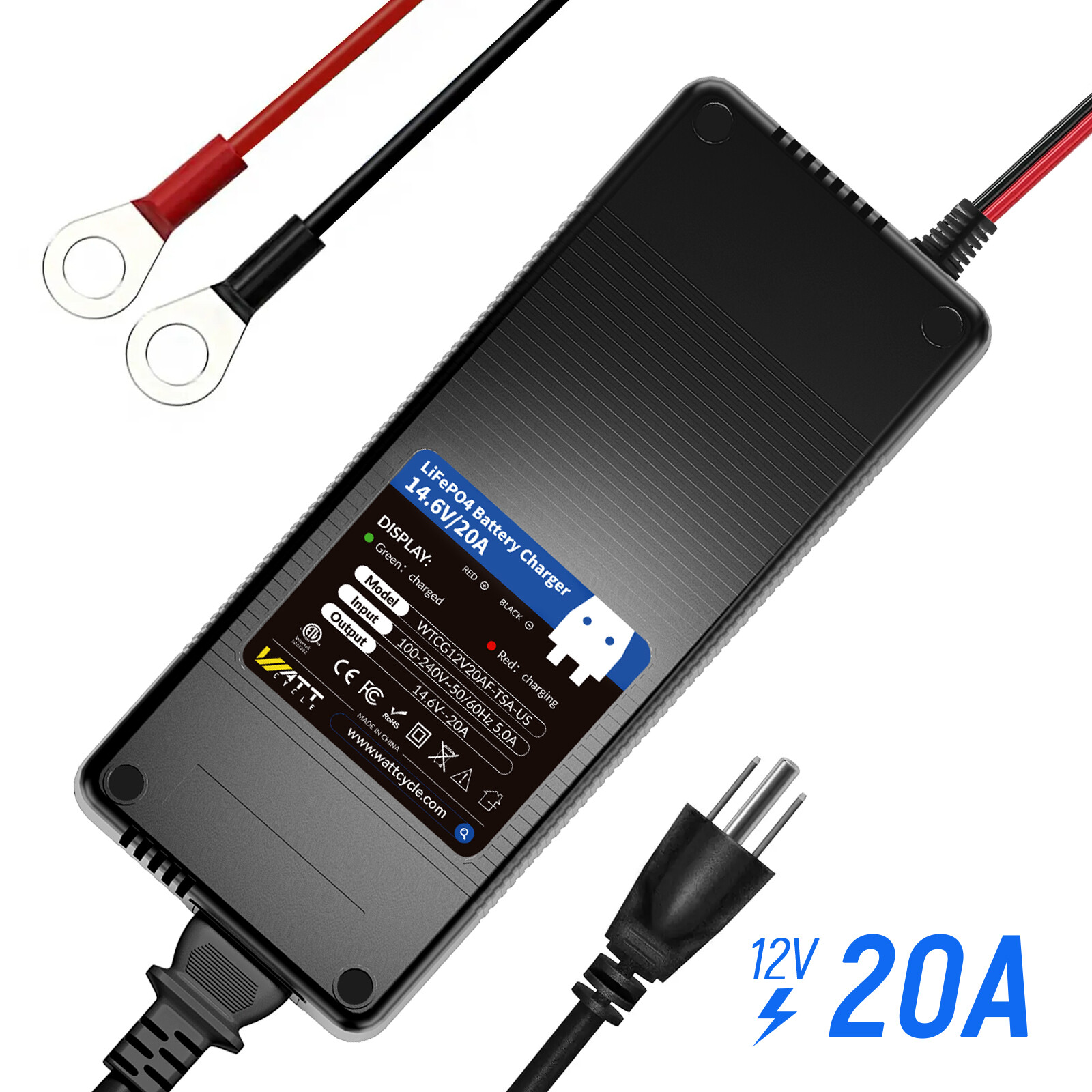 WattCycle 12V 14.6V 20A Smart Lithium LiFePO4 Battery Charger for RV Marine