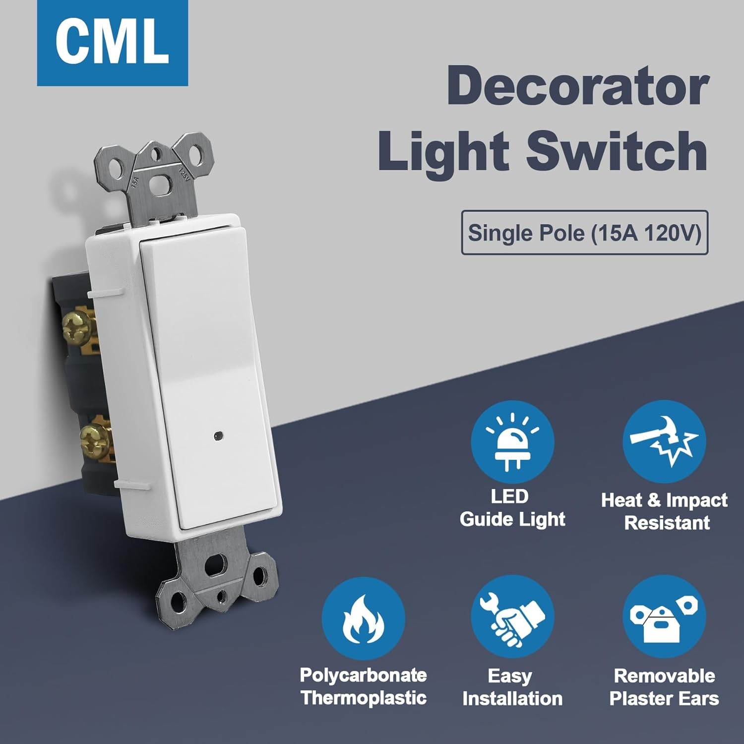 CML Illuminated Light Switch, 5 Pack Single Pole Decorator Paddle Rocker Wall