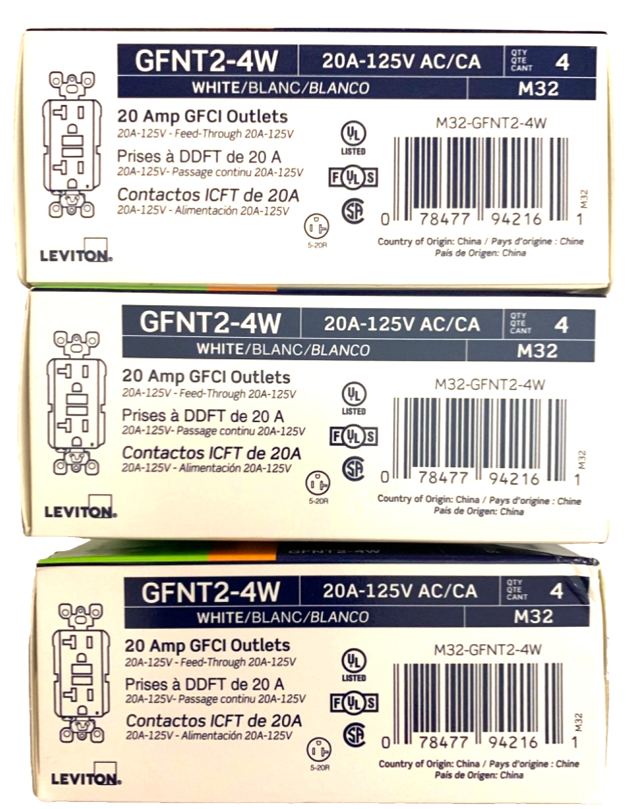 LEVITON (LOT OF 3) (M32-GFNT2-4W) 125V 20A GFCI Outlets (4-Pack) FREE SHIPPING