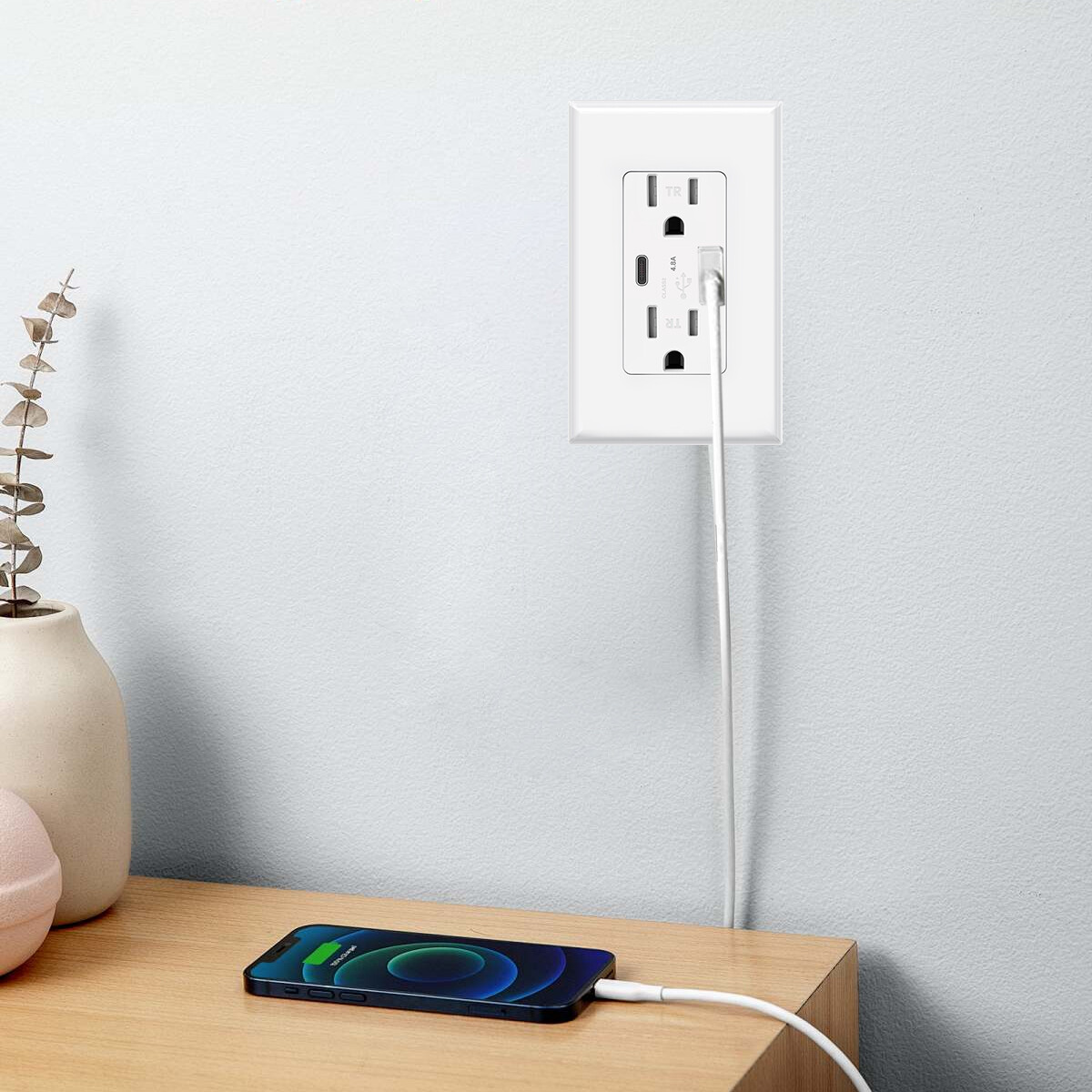 USB C Outlet PD 24W Power Delivery Duplex Receptacle 4.8A 15 Amp,UL Listed White