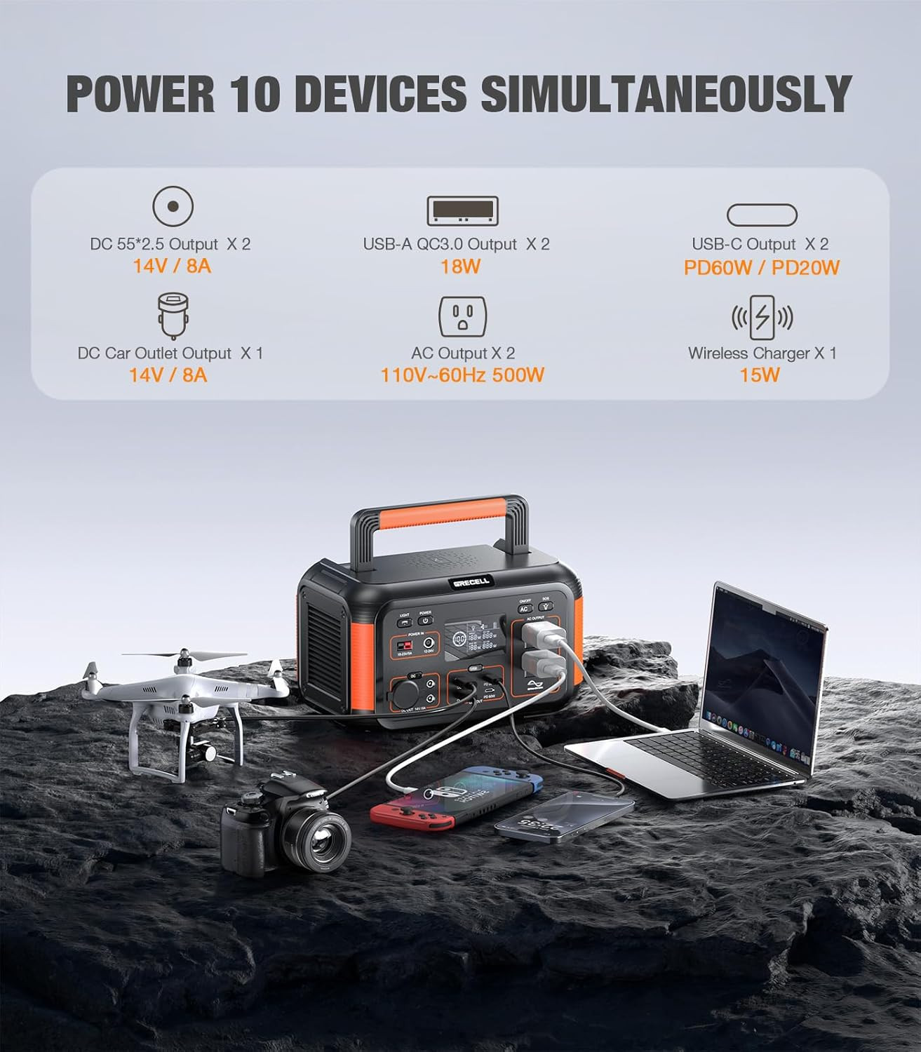 GRECELL 500W Portable Power Station 444Wh Solar Generator with 110V Pure Sine Wa