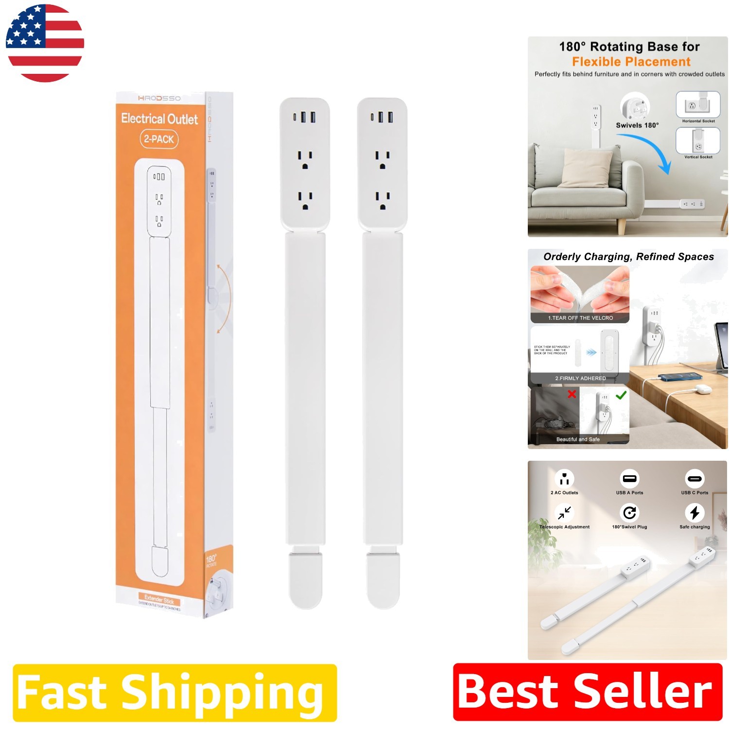 Flexible Outlet Expander 22″-34″ , 3 USB, 2 AC, Scratch Resistant