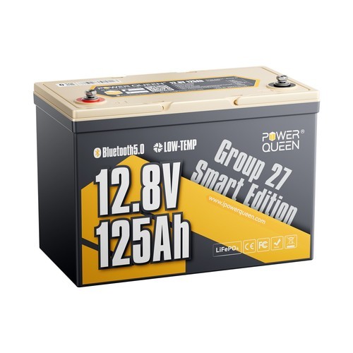 Power Queen 12V 125Ah Group27 Bluetooth Lithium Battery 1600Wh for Boat Solar RV