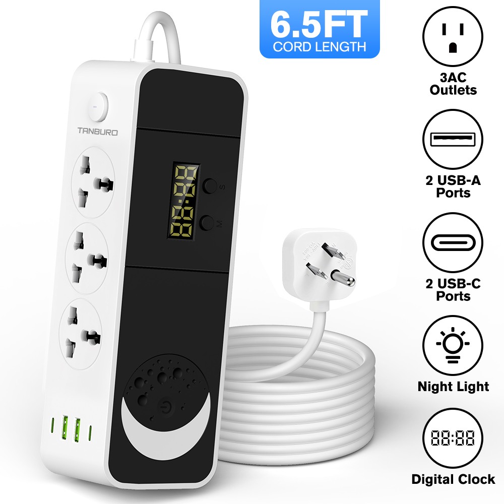 Power Strip with Clock and Night Light, 3AC Outlets ,2 USB-A Ports, 2 USB-C Port
