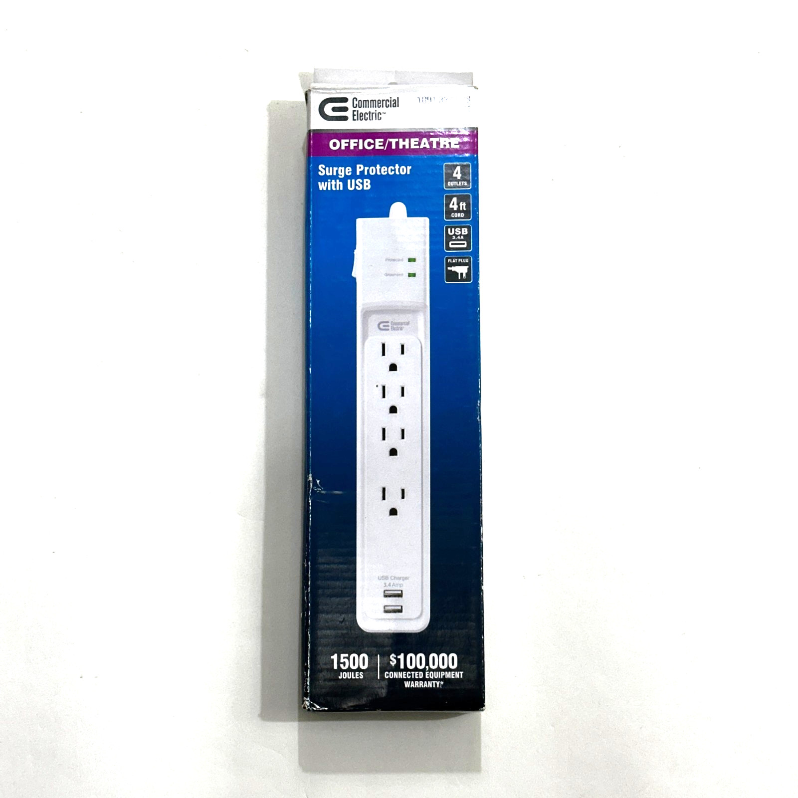 Commercial Electric 4 Outlet Surge Protector USB 1500 Joules HDC404UWH NEW