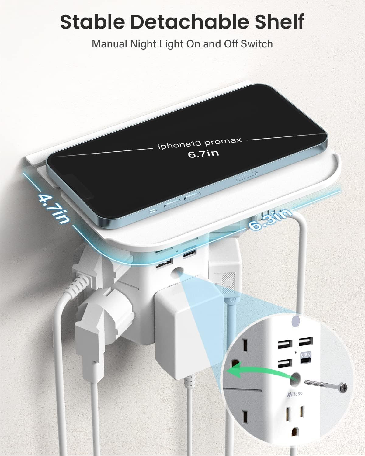 Outlet Extender with Shelf and Night Light, 1800J Surge Protector | 5 Wide Outle