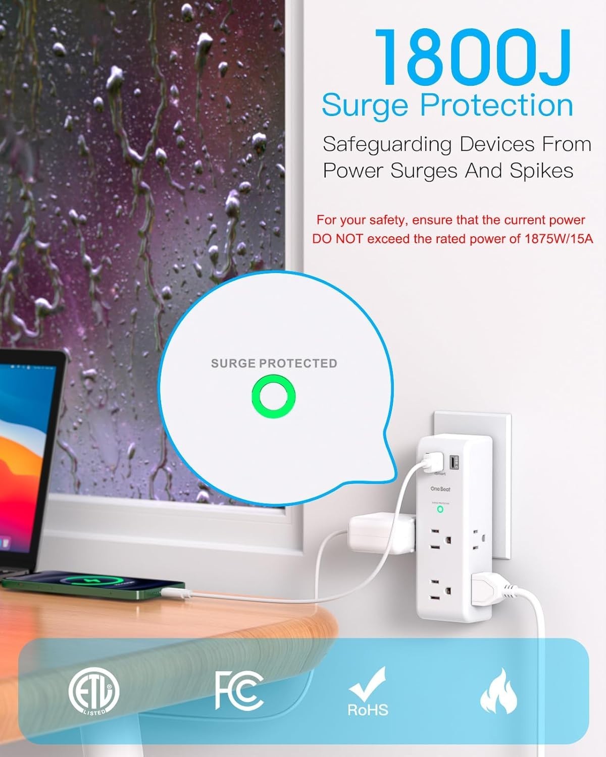 3-Sided Surge Protector with 6 AC Outlets & Rotating Plug for Home & Travel