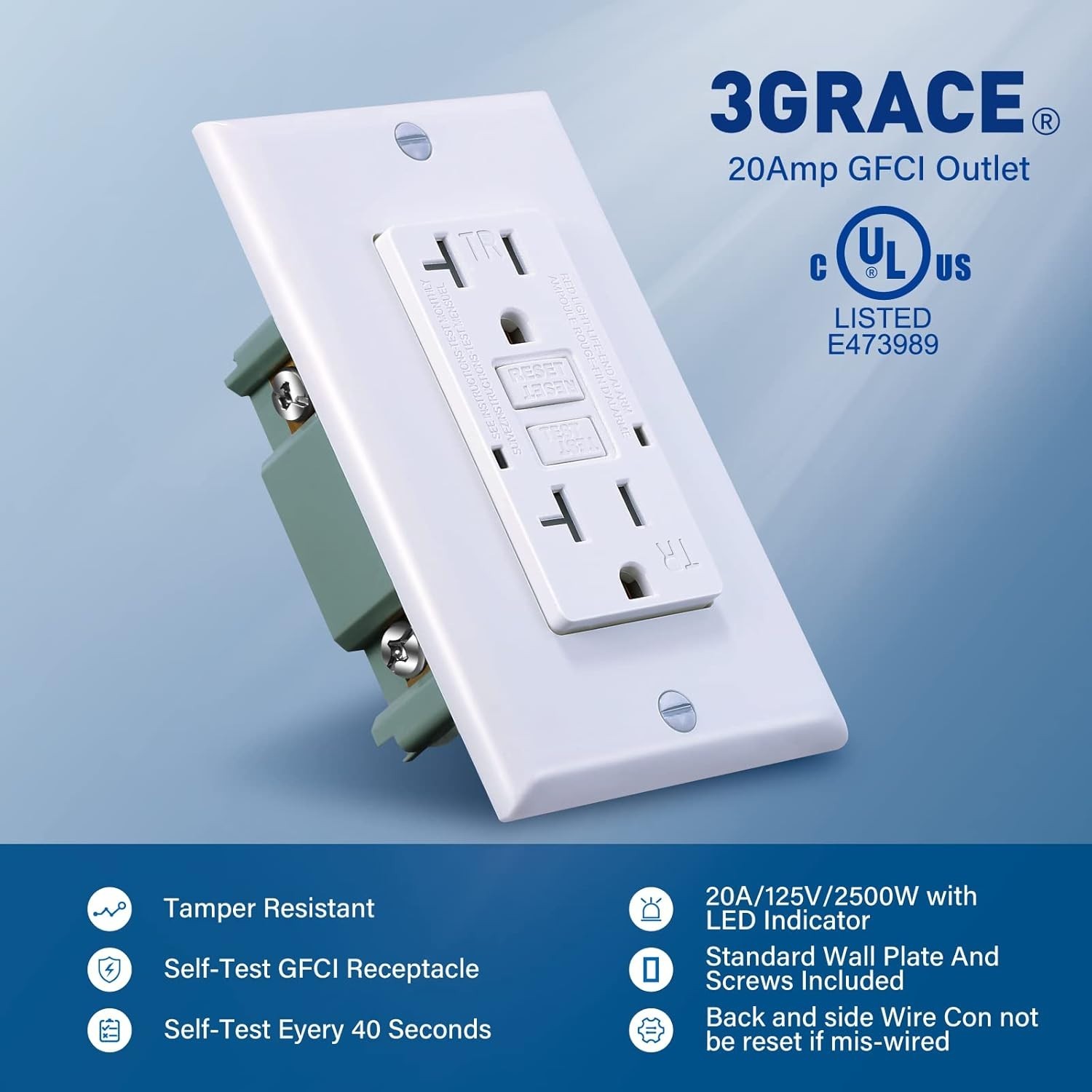 3Grace GFCI Outlet 20Amp with LED Indicator, Outdoor Tamper-Resistant, White
