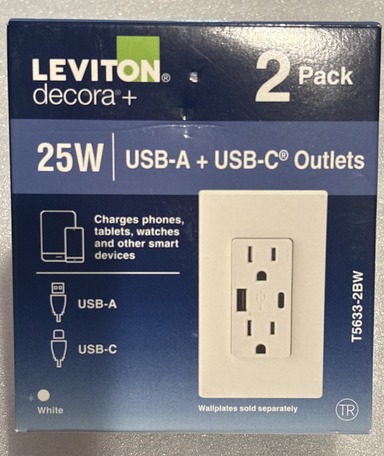 Leviton T5633-2BW 15A/120V Duplex Outlet w 25W USB-A + USB-C Color WHT-2 Pack