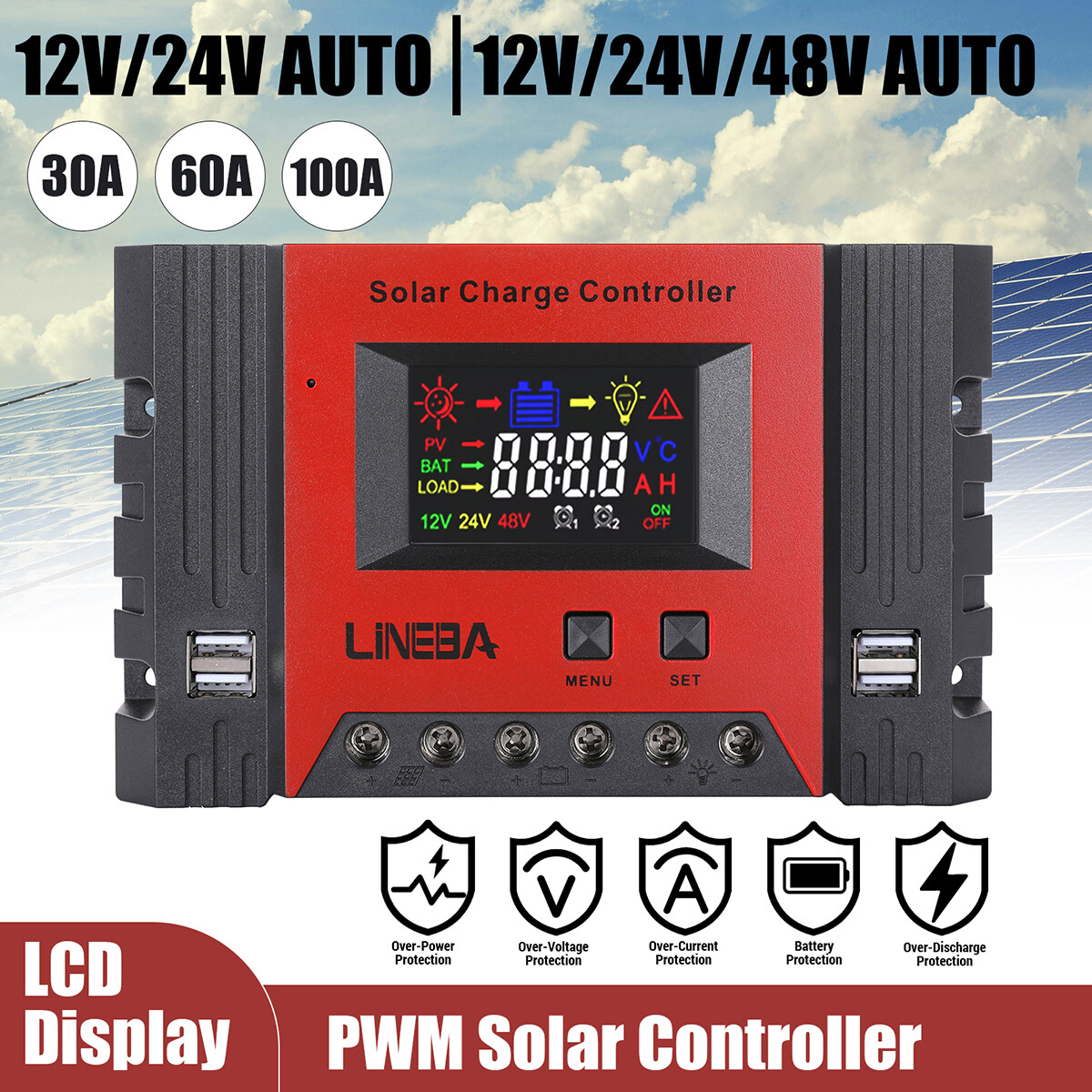 PWM 12V/24V/48V Solar Charge Controller with LCD Display LifePO4 Auto Regulator
