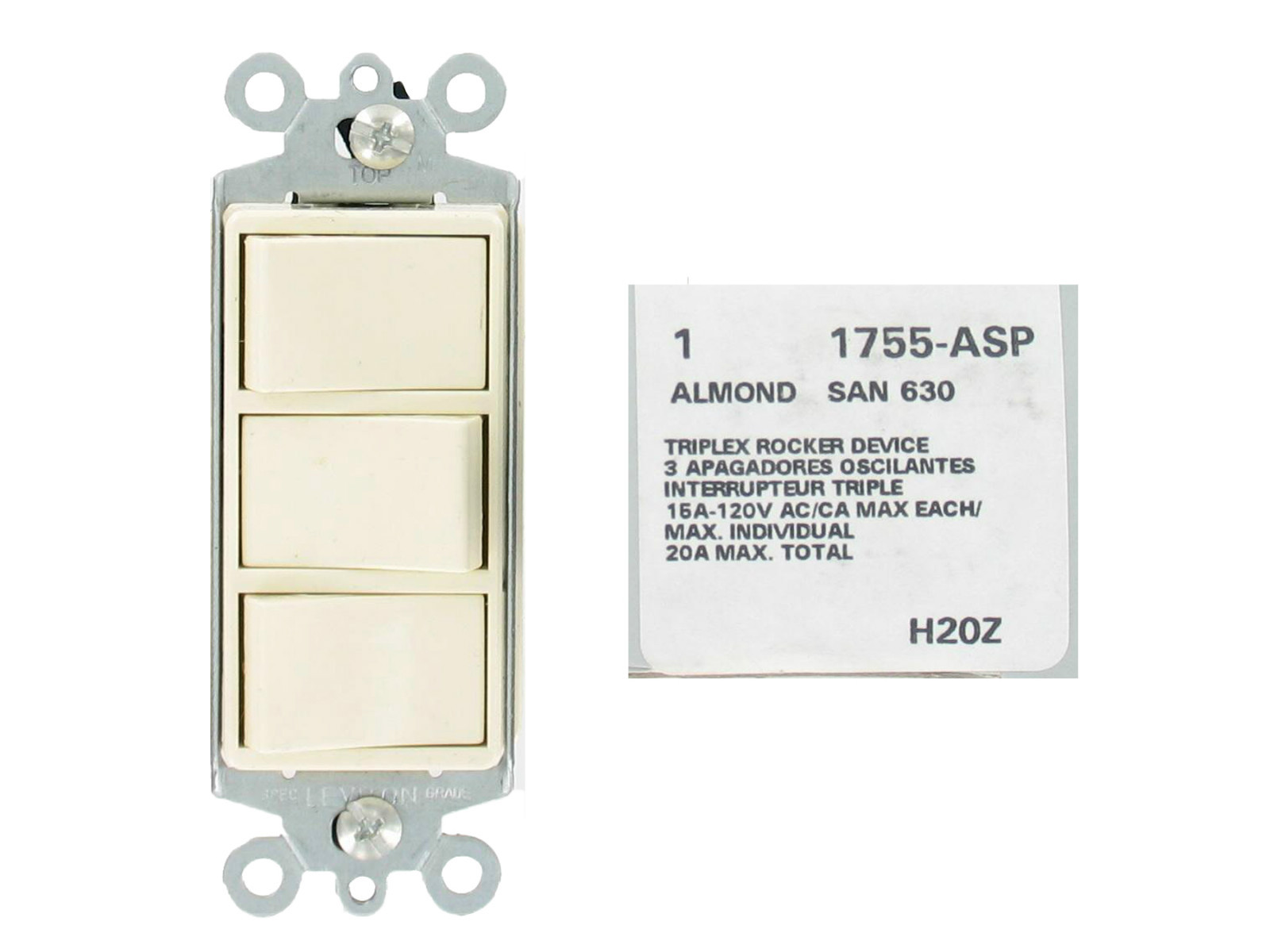 Leviton 1755-A ALMOND Decora Triple Rocker Light Switch 15A 120V Single Pole UL