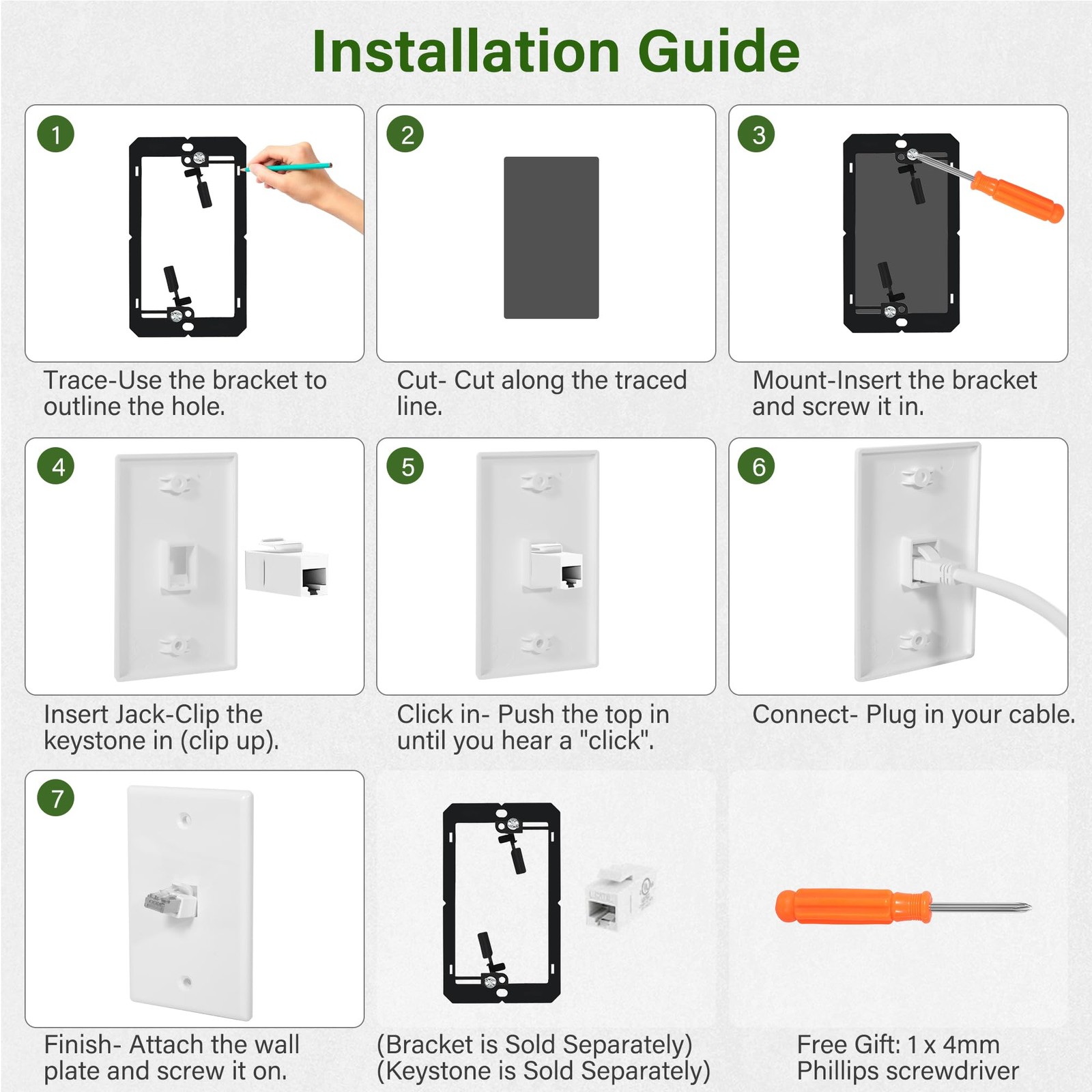 1-Port Keystone Wall Plate 2 Pack, Single Gang 4.49″ (H) x 2.75″ (W),