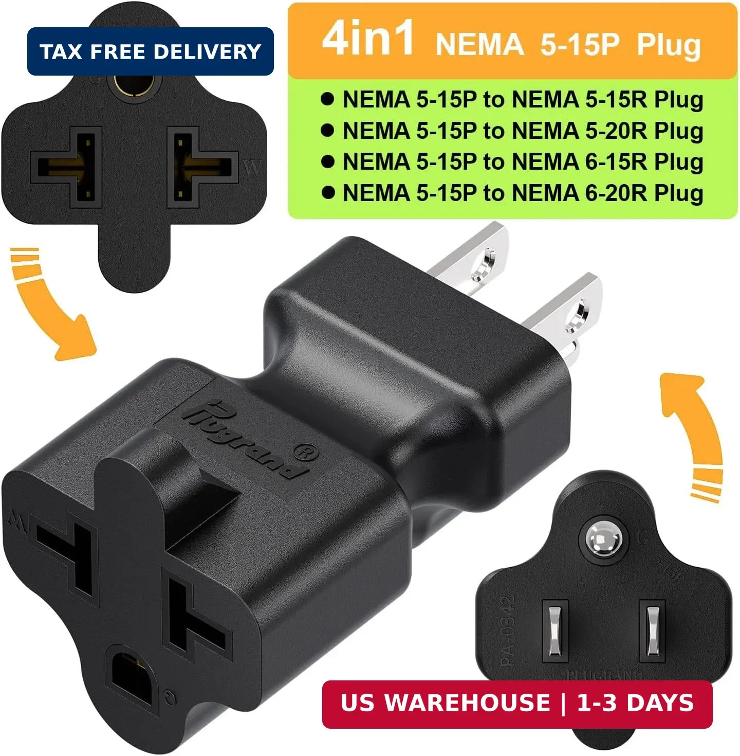 [4-in-1] 15 Amp Household AC Plug to 20 Amp T Blade Adapter, 5-15P to 5-15R/ 5-2