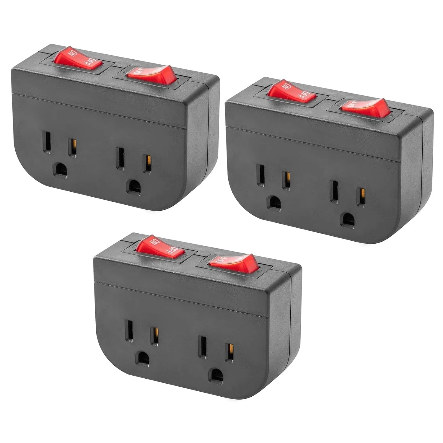 3-Pack Grounded Outlet with On/Off Switch 15A Electrical Plug Black