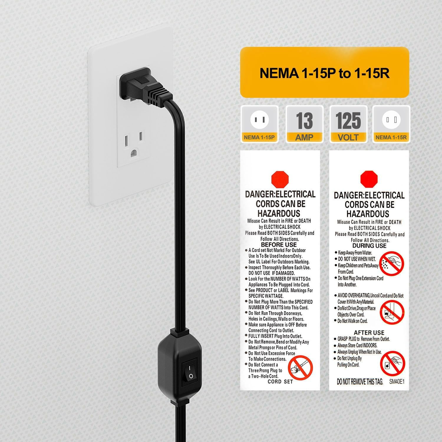 On off Switch Extension Cord [2-Feet], 2-Prong Polarized Extension Cord with Swi