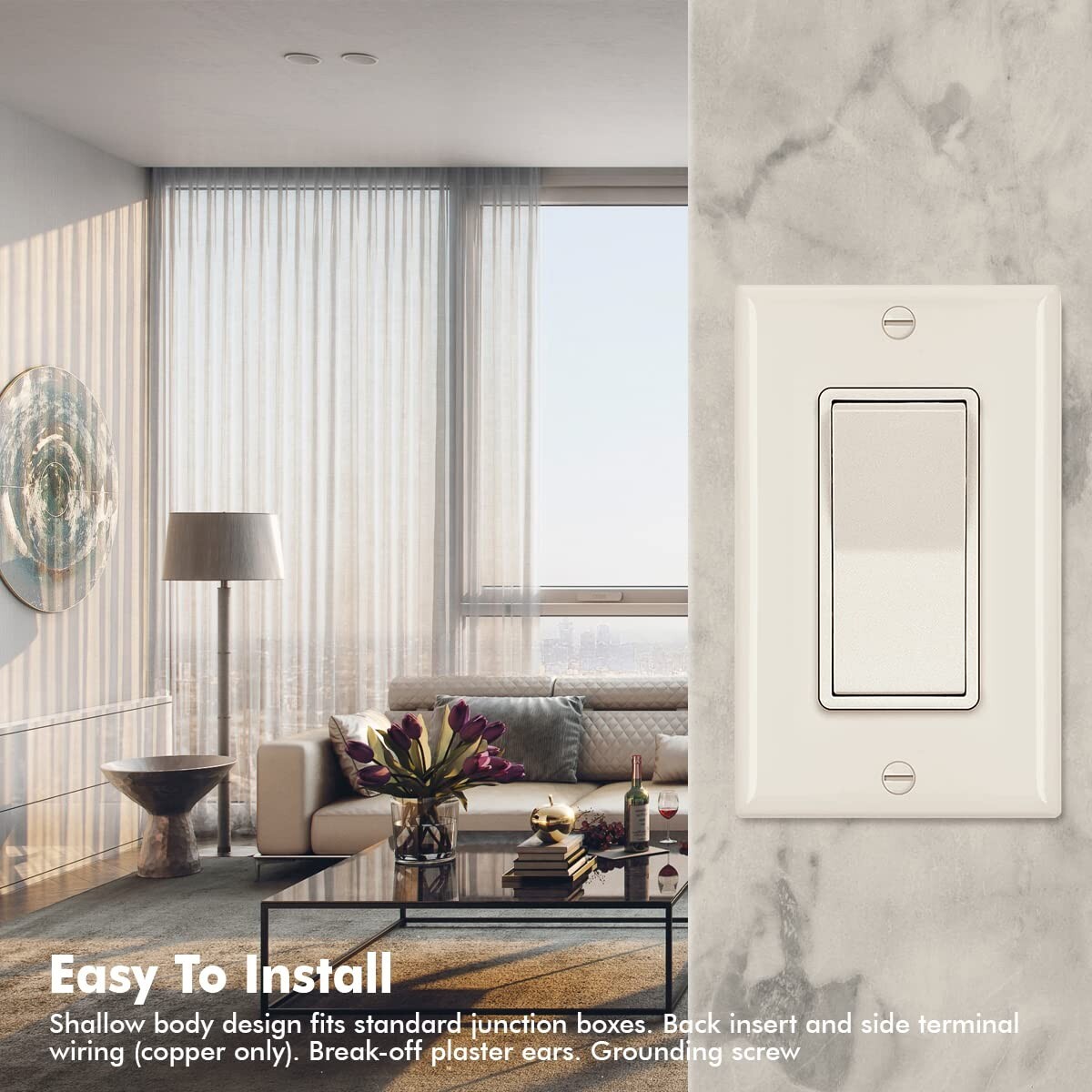 Decora 3 Way Light Switch ivory, Single Pole Paddle Rocker UL ,15A ,10 Pack