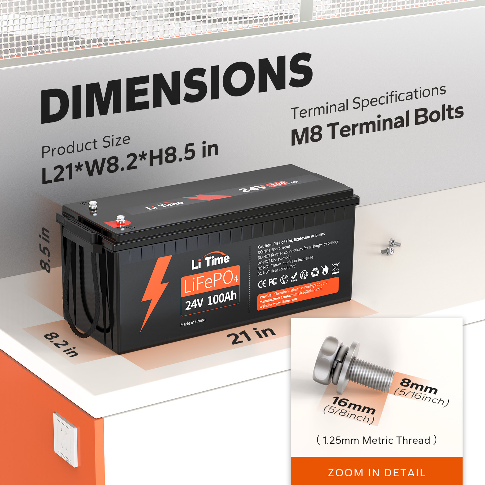 Litime 24V 100Ah LiFePO4 Lithium Battery 2560Wh for RV Solar Marine-Refurbished