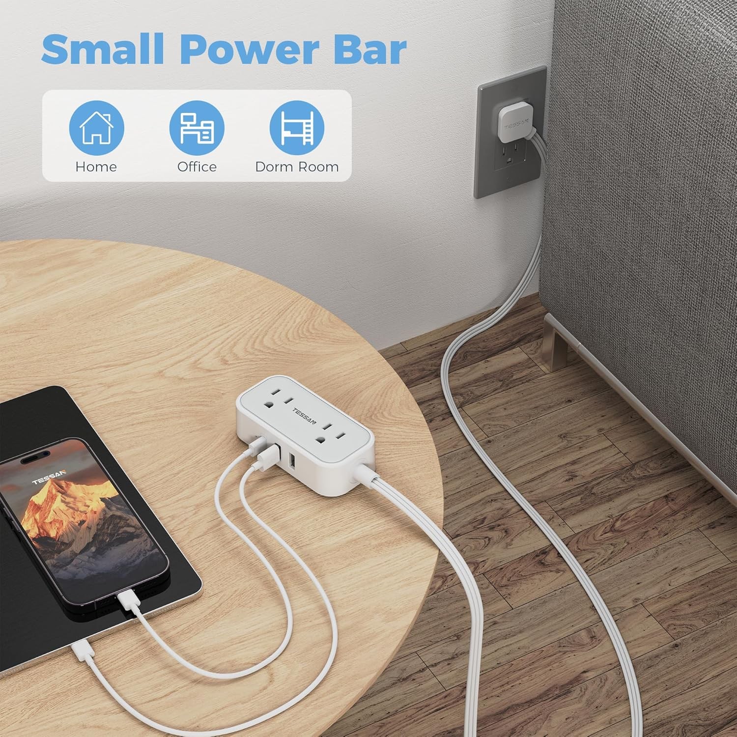 Power Strip Mini Charging Station Outlets 3 USB 5ft Slim Plug for Travel Office