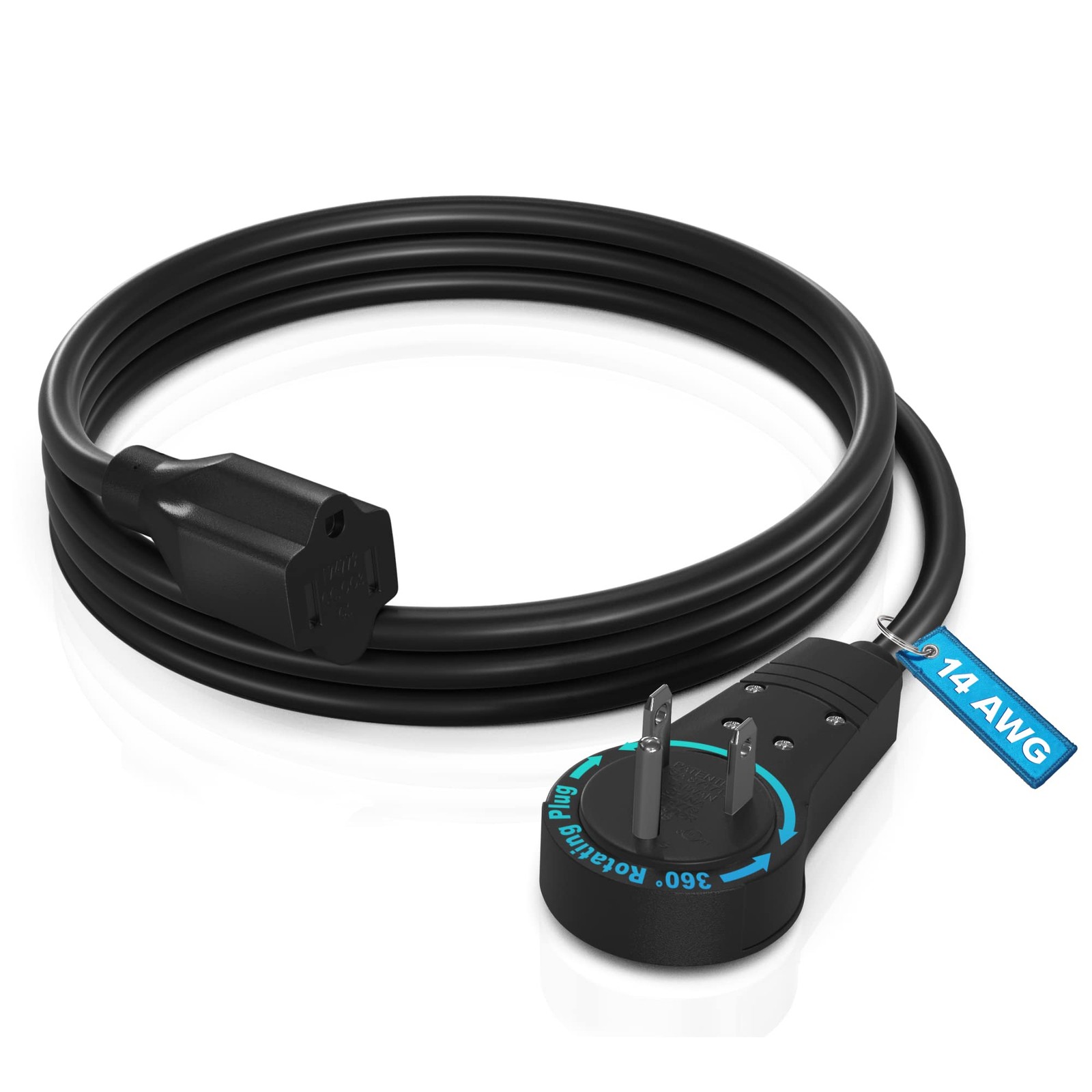 Extension Cord 4FT – 360° Rotating Plug, Grounded Power Cable 14AWG, Black
