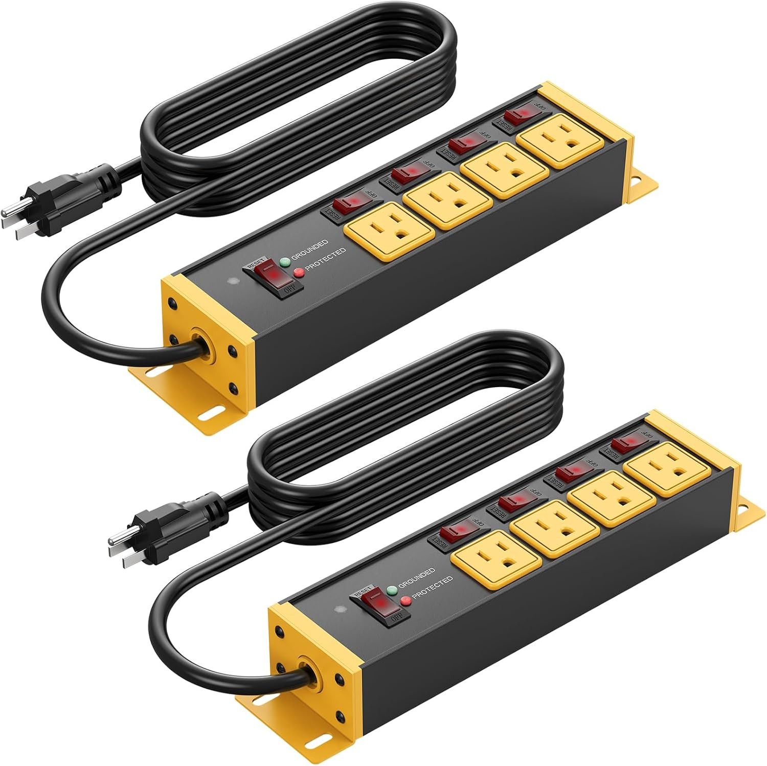 2PCS Heavy Duty Surge Protector, 12 Gauge, Yellow, 4FT. | Individual Switches, O
