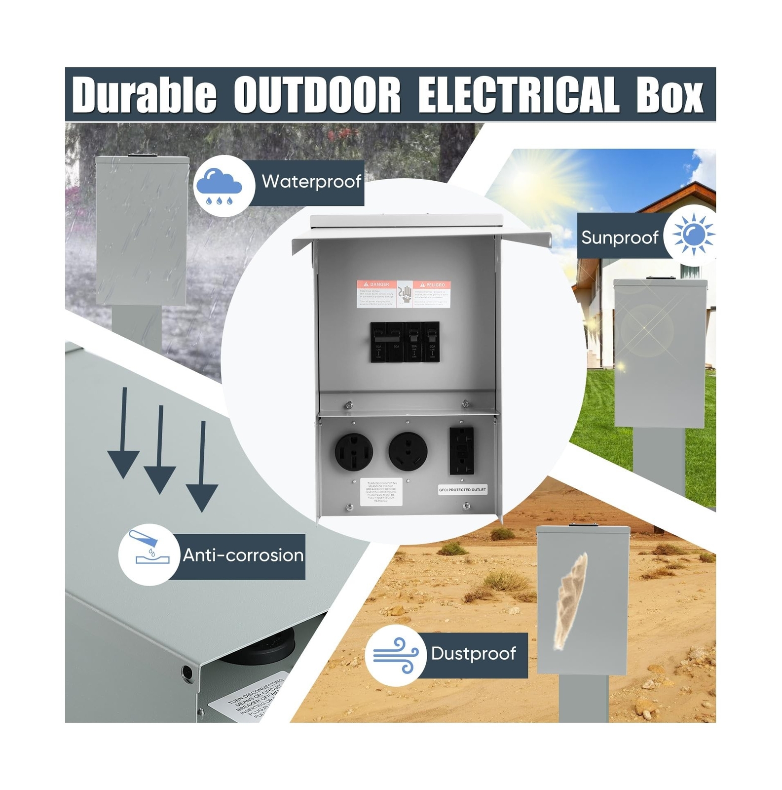Temporary Electrical Power Outlet Panel Weatherproof RV Receptacle Box with 3…