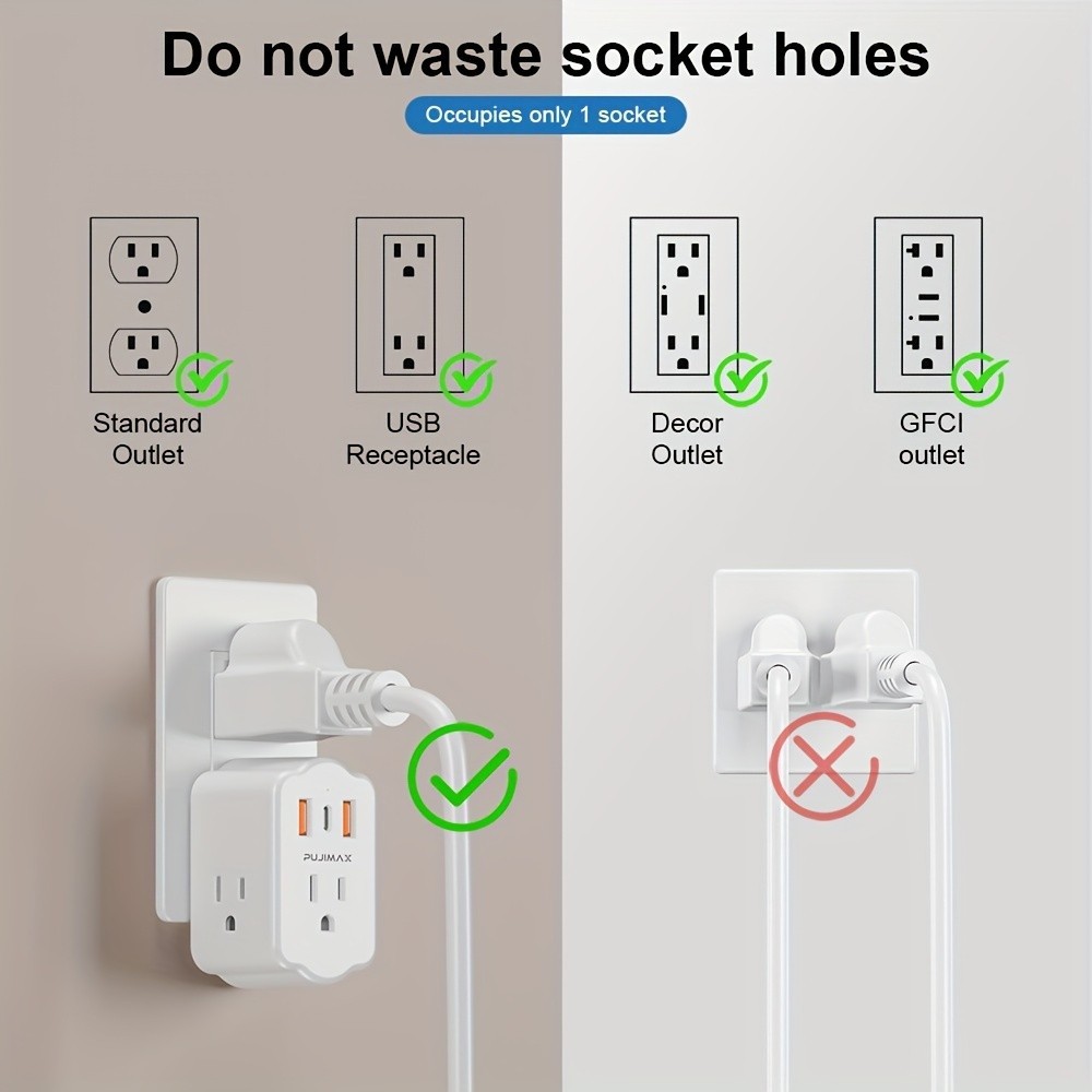 Multi Functional Wall Socket With 2 USB Ports, 1 Type-C Port, And 3 AC Plug Port