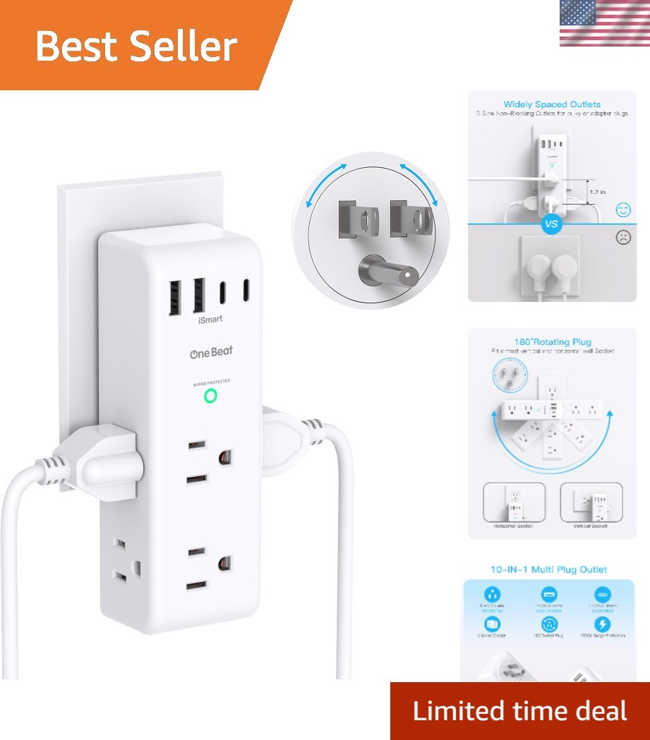 1800J Surge Protection Outlet Extender with USB Fast Charging and Rotating Plug