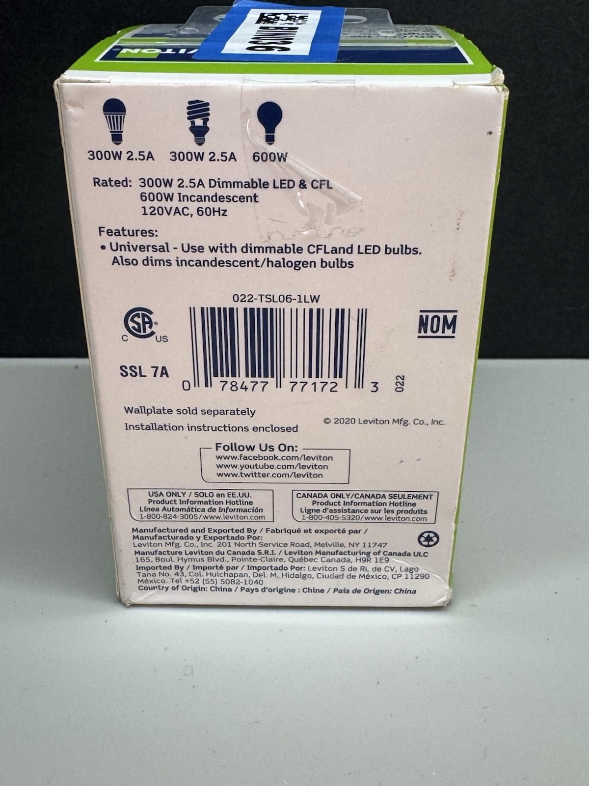 LEVITON TSL06-1LW LED/CFL Toggle Dimmer White Brand New