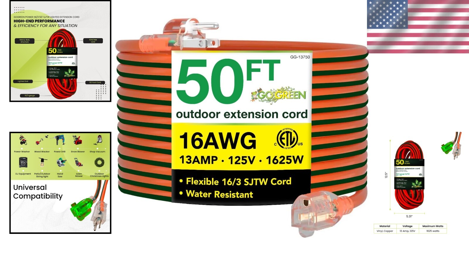 ETL Listed 50-Foot Outdoor Extension Cord – Moisture and Abrasion Resistant